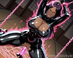 1girls ai_generated anime big_breasts bleach breasts dark-skinned_female eyes female female_only fit golden_eyes huge_breasts nsfw purple_hair shihouin_yoruichi solo stickyai yellow_eyes