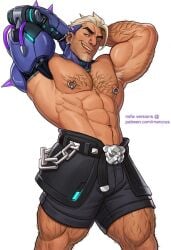armpit_hair armpits bara belt big_pecs big_thighs blonde_hair chains chest_hair facial_hair findlay_docherty goatee hands_behind_head happy_trail hazard_(overwatch) light_skin male_focus marccus muscular muscular_male muscular_thighs nipple_rings overwatch overwatch_2 pierced_nipples piercings prosthetic prosthetic_arm prosthetic_limb shorts smile smiling smiling_at_viewer smirk solo_male