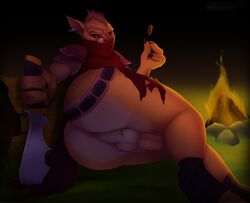 1boy anthro ass balls bounty_hunter_(dota) campfire covered_mouth dota dota_2 femboy furry gold_coin gondar_the_bounty_hunter knife large_ass male male_only outdoors penis red_eyes ripped_clothing solo solo_focus valve wide_hips