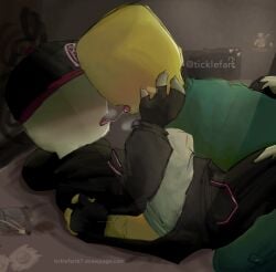 blush cola condom condom_wrapper forsaken_(roblox) guest_(roblox) guest_666 hat holding_face hoodie kissing making_out noob noob_(roblox) on_bed saliva_string white_skin yellow_skin