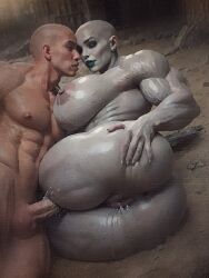 1boy 1boy1girl 1girls ai_generated anus ass bald balls black_sclera breasts ejaculation ejaculation_between_thighs eyeshadow female grey-skinned_female hetero hetero_sex heterosexual lactation large_ass light-skinned_male lipstick looking_at_viewer male male_on_female massive_breasts monster_girl muscular muscular_female muscular_male oc oiled oiled_body oiled_skin original_character penis pierced_ears piercing pussy ruins straight straight_sex teal_lipstick testicles thigh_sex vagina wet_pussy white_eyes