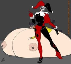 2018 2girls artist_logo barbara_gordon batgirl batman_(series) blue_eyes boots breast_expansion breasts breasts_bigger_than_body breasts_bigger_than_head breasts_bigger_than_torso cape corruption costume dc domino_mask exposed_breasts facepaint female female_only gloves green_eyes grinning harley_quinn harley_quinn_(classic) huge_nipples hyper_breasts immortaltom jester jester_hat lipstick mask motion_lines nipples patreon patreon_url patreon_username re_hair red_lipstick simple_background torn_costume white_facepaint year
