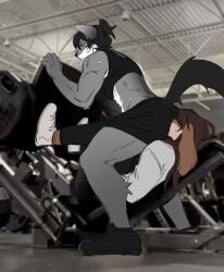 anthro black_bottomwear black_clothing black_hair black_pants black_topwear bodily_fluids bottomwear brown_body brown_fur brown_hair canid canine closed_eyes clothed clothing cobu duo facesitting female floppy_ears fur grey_body grey_fur gym hair hair_bun hi_res long_hair male male/female mammal mouth_closed pants photo_background photography_(artwork) shirt side_view sitting_on_another sweat topwear white_clothing white_shirt white_topwear