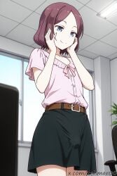 1boy ai_generated belt black_skirt blue_eyes bulge closed_mouth erection_under_clothes femboy genderswap_(ftm) hands_on_own_cheeks hands_on_own_face indoors looking_down male new_game! pink_shirt purple_hair rule_63 shirt short_hair short_sleeves, skirt smile solo standing tehmar tooyama_rin trap window yagami_kou