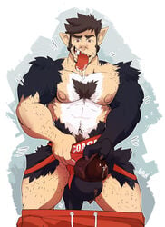 2018 anthro balls biceps black_fur brown_hair canine clothed clothing drooling fur hair human kerun male male_only mammal muscular muscular_male nipples penis saliva simple_background skimpy solo teeth tongue tongue_out transformation vein veiny_penis were werewolf wolf