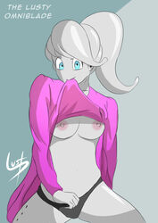 blue_eyes breasts dragon_ball dragon_ball_xenoverse female female_majin female_only grey_skin majin monster_girl nipples panty_pull ponytail puddin shirt_lift solo tentacle_hair tentacle_head thelustyomni-blade