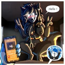 1:1 absurd_res anthro application areola bed belly big_breasts black_hair blush bone border breasts canid canine canis cellphone claws collar crouching danao_(danna_nsfw270) danna_nsfw270 digital_media_(artwork) duo electronics english_text female fingers fluffy fluffy_tail fur furniture genitals hair harness hi_res leash light_eyes long_hair looking_at_viewer mal0 mal0_(species) male male/female mammal nipples nude on_bed open_mouth phone scp-1471-a scp_foundation skull skull_head skulldog_(species) smartphone smile smug solo tail teeth text thick_thighs two_fingers_up vulva white_border white_eyes wide_hips wolf