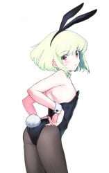 androgynous blush bunny_ears bunny_tail bunnysuit crossdressing embarrassed femboy green_hair lio_fotia looking_at_viewer looking_back male ns1123 playboy_bunny promare twink