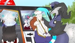 2018 against_surface anthro areola bandage big_breasts blue_nipples blush bottomwear breast_squish breasts breasts_on_glass car clothing cuff_(restraint) curvy_figure deer deerling dragon elemental_creature female flora_fauna flower fluffy fluffy_tail flygon fur generation_3_pokemon generation_5_pokemon group handcuffs hi_res huge_breasts inside_car jacket legendary_pokemon mammal metal_cuffs motor_vehicle mythological_creature mythological_scalie mythology nintendo nipples on_glass pants plant pokemon pokemon_(species) pokemorph police police_car police_hat police_uniform reshiram restraints scalie shirt shorts skyla_the_flygon squish stare tail topwear tree uniform varollis vehicle voluptuous wardrobe_malfunction white_body white_fur white_skin wings winter_deerling