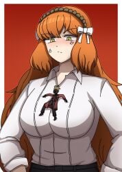 1girls 1other annoyed breasts dante_(limbus_company) female giantess ishmael_(limbus_company) laying_on_breasts limbus_company macro micro nonbinary orange_hair project_moon size_difference tazataza