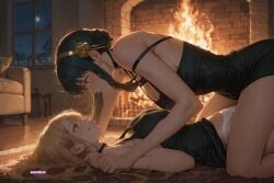 2girls ai_generated armpits black_hair blonde_hair cloverworks couch crossover female female_on_female female_only females females_only fireplace girl girl_only girls girls_only indoors kitagawa_marin multicolored_hair night nighttime panties pink_eyes red_eyes sofa sono_bisque_doll_wa_koi_wo_suru spy_x_family underwear undies yor_forger yuri