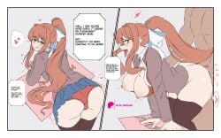 ambiguous_penetration anonymous_male arte_mitzuki ass bent_over_desk breasts coral_brown_hair desk doki_doki_literature_club green_eyes male monika_(doki_doki_literature_club) panties penetration school_uniform sex teasing white_bow