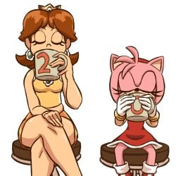 2girls amy_rose bare_legs boots bracelet brown_hair chair closed_eyes crossover crown dress drinking earrings eyelashes feminine flower flower_earrings flower_ornament gloves gold_bracelet harband hedgehog hot_chocolate legs mammal mario_&_sonic_at_the_olympic_games_tokyo_2020 mario_(series) medium_hair mug nintendo petite pink_fur pink_hair princess princess_daisy range_shorts red_dress sega shorts sitting size_difference sleeveless_shirt sonic_(series) teen teen_girl teenage teenage_girl teenager tomboy wavy_hair yellow_shirt young younger_female