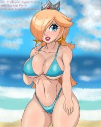 1girls beach big_breasts bikini blonde_female blonde_hair blue_bikini blue_eyes breasts collaboration curvy curvy_figure female female_only light-skinned_female light_skin lipstick looking_up nintendo one_eye_covered princess princess_rosalina redraw shin_muchakoopa star_earrings super_mario_bros. swimsuit tall_female taller_female taller_girl thick_thighs