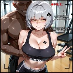 1boy 1girls ai_generated ass bare_shoulders big_ass big_breasts blacked blacked_clothing blush breasts dark-skinned_male dark_skin faceless_male female female_focus groping groping_breasts groping_from_behind gym gym_uniform huge_ass huge_breasts kitina light-skinned_female light_skin looking_at_viewer muscular muscular_male nipple_bulge nipple_piercing nipples_visible_through_clothing peace_sign qos qos_tattoo queen_of_spades recording short_hair smile smiling smiling_at_viewer snowbunny spade_tattoo sports_bra sportswear tagme tattoo tattoo_on_chest v_sign vtuber white_hair yellow_eyes