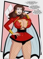 1girls blue_eyes brain_drain breasts breasts_bigger_than_head brown_hair cape cleavage commission corruption costume dc dc_comics earrings english_text female female_solo fishnet_legwear fishnets hand_on_hip harleyfication heart heart-shaped_pupils heart_symbol huge_breasts leotard makeup mary_batson mary_marvel mind_control polmanning red_lipstick red_pupils simple_background skirt solo speech_bubble text white_facepaint