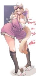 animal_ears blonde_hair breasts female full_body huge_breasts kneehighs long_hair no_bra solo squchan_(vtuber) standing tail vyugen
