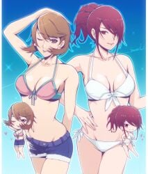 2girls bare_shoulders bikini blue_background blue_shorts blush breasts brown_eyes brown_hair chibi commentary corner50777313 earrings female hair_over_one_eye hand_on_own_head hand_on_own_hip heart highres jewelry medium_breasts mitsuru_kirijo multiple_girls navel one_eye_closed persona persona_3 pink_bikini ponytail red_eyes red_hair short_hair short_shorts shorts smile swimsuit tongue tongue_out white_bikini yukari_takeba