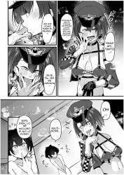 1boy 1girls big_breasts black_and_white breast breasts censored cum female hentai licking_fingers male manga medium_breasts police_hat police_uniform precum sagging_breasts saggy_breasts text