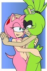 2:3 accessory afrosoricid amy_rose anthro areola ass big_breasts big_butt black_body black_fur black_nose blue_background blue_eyes border breasts duo ear_piercing eulipotyphlan female fur genitals green_body green_eyes green_fur hair hair_accessory hairband hand_on_butt hedgehog hi_res hug idw_publishing mammal navel nipples nude open_mouth open_smile piercing pink_areola pink_body pink_fur pink_hair pink_nipples pussy ring sega short_hair simple_background smile sonic_(series) sonic_the_hedgehog_(comics) sonic_the_hedgehog_(idw) sonic_the_hedgehog_(series) sonicguru surge_the_tenrec tan_body tan_fur tenrec thick_thighs vulva white_border wide_hips