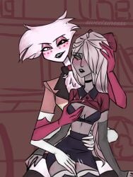 angel_dust_(hazbin_hotel) anthro blush breast_grab breasts clothed clothing duo female femboy femboy_on_female grey_body hair hazbin_hotel male male/female open_mouth open_smile smile straight sweetsinssss teeth thick_thighs vaggie_(hazbin_hotel) white_fur