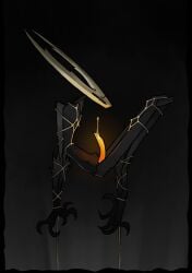 1boy 2d black_body black_eyes bondage bound bound_arms bound_legs claws comfortik ejaculate ejaculation embarrassed erection glowing_genitalia glowing_penis hollow_knight hollow_knight_(character) horns insects naked newshelter orange_penis penis precum roninbullet shibari slim slim_male solo solo_male tall team_cherry