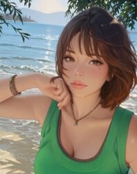ai_generated beach female lips looking_at_viewer mole mole_under_eye necklace ocean short_hair sky solo tank_top