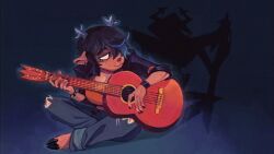 1girls anthro black_nails breasts cleavage colored deltarune dess_holiday female furry guitar huge_breasts jacket looking_at_another looking_back pastelstarstuff playing playing_instrument roaring_knight sitting starridge the_roaring_knight third-party_edit