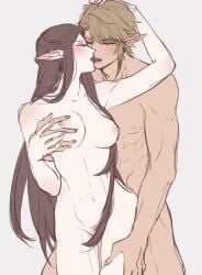 1boy blonde_hair breasts brown_hair closed_eyes collarbone commentary completely_nude couple english_commentary female grabbing_another's_breast grabbing_from_behind groping hair_censor hand_on_another's_thigh kissing kurokawa_karasu link long_hair muscular muscular_male navel nipples nude pale_skin pointy_ears princess_zelda short_hair straight the_legend_of_zelda the_legend_of_zelda:_twilight_princess