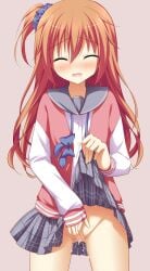 aroused ass_visible_through_thighs between_legs blue_bow blue_bowtie blue_scrunchie blush bow bowtie closed_eyes clothes_lift commentary_request cowboy_shot drooling facing_viewer female female_masturbation female_orgasm fingering grey_sailor_collar grey_skirt groin hair_between_eyes hair_ornament hair_scrunchie hand_between_legs highres inaba_meguru jacket korokoro_cat letterman_jacket lifting_own_clothes long_hair masturbation miniskirt mouth_drool no_panties nose_blush one_side_up open_mouth orange_hair orgasm pink_background pink_jacket plaid_clothes plaid_skirt pleated_skirt pussy_juice sailor_collar sanoba_witch school_uniform scrunchie serafuku shirt simple_background skirt skirt_lift sleeves_past_wrists solo standing_masturbation textless_version undone_bowtie wavy_mouth white_shirt white_sleeves