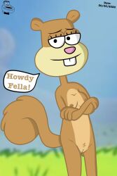 2:3 anthro breasts buckteeth crossed_arms english_text female fur genitals hi_res looking_at_viewer mammal nickelodeon nipples nude outside rodent sandy_cheeks sciurid smile solo spongebob_squarepants standing tail tan_body tan_fur teeth text thedispenser69 tree_squirrel vulva