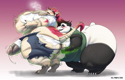 2018 anthro ass bear belly big_belly big_breasts blush breasts claws clothed clothing cum duo erection female fur gillpanda gillpanda_(character) hair huge_breasts male mammal nipples open_mouth overweight panda penis simple_background solo standing straight teeth thick_thighs tongue transformation