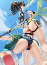 2girls adjusting_clothes adjusting_swimsuit ass ass_focus bent_over bikini black_hair breasts butt_crack female from_behind hair_between_eyes hakua_(hka_art) highres kneepits large_breasts legs long_hair multicolored_hair multiple_girls navel orange_eyes ponytail qingyi_(zenless_zone_zero) red_hair streaked_hair swimsuit thighs thong thong_bikini wedgie zenless_zone_zero zhu_yuan