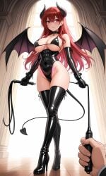 1boy ai_generated bangs bare_shoulders bikini black_bikini black_choker black_footwear black_gloves black_legwear black_leotard black_swimsuit black_thighhighs blush boots breasts choker cleavage closed_mouth clothing covered_navel demon_girl demon_horns demon_tail demon_wings dominatrix elbow_gloves female female footwear gloves high_heel_boots high_heels highleg highleg_leotard holding holding_object holding_whip horns indoors large_breasts latex latex_gloves legwear leotard long_hair looking_at_viewer male mole navel original pubic_tattoo red_eyes red_hair shoes skindentation smile solo_focus standing succubus swimsuit tail tattoo thigh_boots thighhighs thighs underboob watson_cross weapon whip wings