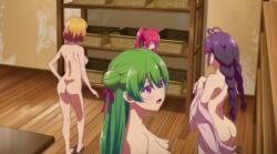 4girls amelia_irving anime aoi_izumisawa ass blonde_hair braided_hair braided_twintails breasts changing_room convenient_censoring convenient_censorship disrobing double_bun ecchi female girls glasses green_hair karin_istel light-skinned_female light_skin long_hair mongfa_bai naked naked_female nipples nude nude_female official_art purple_eyes purple_hair red_hair renai_flops robe robe_only screencap screenshot short_hair standing twintails