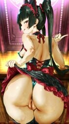 1girls ai_generated anus_peek ass_focus back_view black_hair breasts c-string cameltoe female floresai huge_ass lifting_skirt long_hair looking_at_viewer medium_breasts micro_thong partially_visible_vulva presenting_ass pussy rory_mercury showing_ass teasing thick_ass thick_thighs thong twintails