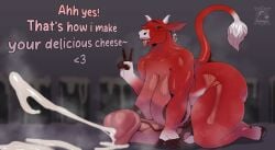 2_horns absurd_res all_fours animal_genitalia animal_penis anthro ass big_breasts big_butt big_penis bodily_fluids bovid bovine breasts cattle cum cumshot dialogue dock_(anatomy) draeusz ejaculation english_text equine_genitalia equine_penis erection flared_penis ftg_crossgender fti_crossgender fur genital_fluids genitals gesture gynomorph hand_gesture hi_res hooves horn huge_breasts huge_butt huge_cock hyper hyper_genitalia hyper_penis intersex lips mammal mismatched_animal_penis mismatched_genitalia mismatched_penis penis red_body red_fur rule_63 smile solo sweat sweat_string sweaty_breasts sweaty_butt tail tail_tuft text the_laughing_cow thick_thighs tongue tongue_out tuft v_sign vein veiny_penis white_tail