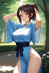 1girls ai_generated amagami big_ass big_breasts brown_eyes brown_hair day dtkai flowers hands_in_hair japanese_clothes large_ass large_breasts long_hair looking_at_viewer nature open_clothes outside park ponytail smile takahashi_maya tree