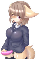 2018 anthro big_breasts blush breasts brown_hair canine clothed clothing dildo fangs female fox hair kemosara mammal open_mouth partially_clothed purple_eyes sex_toy simple_background solo strap-on white_background