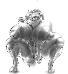 absurd_res anthro areola belly_tuft big_areola big_breasts breast_squish breasts canid canine canis chest_tuft covered_eyes crouching domestic_dog female fist fluffy fluffy_tail genitals hi_res huge_areola huge_breasts june_belie juno_(charliecorvinus) livestock_guardian_dog mammal molosser mountain_dog open_mouth pastoral_dog raised_arm slightly_chubby slightly_chubby_female solo squish tail thick_thighs tibetan_mountain_dog tongue tongue_out tuft vulva