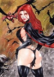 1girls ass breasts distracting_watermark female female_only gloves goblin_queen_(x-men) human human_only lanio_sena light-skinned_female light_skin loincloth madelyne_pryor marvel red_eyes red_hair red_sclera sideboob smile thighhighs watermark x-men