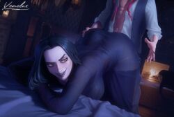 1boy 1girls 2d busty female female_focus from_behind from_behind_position gomez_addams goth goth_girl hourglass_figure male morticia_addams tagme the_addams_family venelux wide_hips