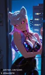 1girls ai_generated apartment clothed clothed_female curvy evelynn eye_contact female glowing_eyes k/da_all_out_evelynn k/da_all_out_series k/da_series league_of_legends looking_at_viewer night pink_eyes sleen smile smiling smiling_at_viewer white_hair