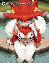 1girls ai_generated animal_ears animal_print averting_eyes bell bikini blue_eyes blush body_fur breasts cow_print cow_print_bikini detached_sleeves female furry furry_female grass hat looking_to_the_side medium_breasts meevow outdoors pal_(species) palworld patreon_logo print_bikini red_headwear red_sleeves sitting soaking_feet solo swimsuit tail water white_fur witch_hat wixen