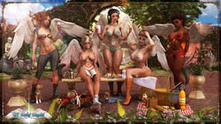 3d 5girls abs angel angel_wings artist_name bare_shoulders becarra big_breasts bikini bikini_top black_hair blonde_hair book boots bracelet bracer breast_outside brown_eyes brown_hair bubblegum busty cleavage couch curvy dark-skinned_female dark_skin day denim denim_shorts detailed_background english_text erect_nipple erect_nipples eyelashes feline female fiona_(becarra) food freckles front_view glasses green_eyes group hair_over_one_eye hairy_pussy hat headphones high_heel_boots high_heels holding_object hourglass_figure humanoid ice_cream kelly_(becarra) long_hair looking_at_viewer marie_(becarra) marking midriff multiple_females multiple_girls muscle muscular muscular_female nail_polish nipple_bulge one-piece_swimsuit open_mouth outdoor outside pants pointy_ears pose posing pubes pubic_hair redbone sabrina_(becarra) see-through shadow shiny shiny_skin short short_hair short_shorts sitting small_breasts sophie_(becarra) squirrel standing text thong tiara tied_hair tree twintails voluptuous wide_hips wings yellow_hair