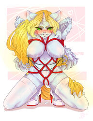 2018 alicorn anthro arms_behind_back bedroom_eyes biting_lip blush bondage bound bound_wings breasts cactus_kun clothing cutie_mark ear_blush equine erect_nipples fan_character feathered_wings feathers female femsub footwear half-closed_eyes hands_behind_back high_heels horn horse kneeling legwear looking_at_viewer mammal my_little_pony naked_footwear naked_heels nipple_chain nipple_piercing nipples nude piercing plantigrade_anthro pony pussy pussy_juice rope rope_bondage rope_harness seductive shoes simple_background solo stockings sweat thigh_highs wing_bondage wings