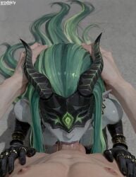 1boy 1boy1girl 1girls afk_journey ai_generated athletic athletic_female blowjob breasts colored_skin deep_blowjob deepthroat elf elf_ears elf_female elf_girl female game green_hair grey_skin hentai hi_res high_quality high_resolution highres horns long_hair male mask mature_female medium_breasts monster_girl multicolored_hair penis penis_in_mouth pov pov_blowjob shemira srodskiy tagme vulgar