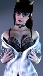 1girl 3d alex_domino bangs big_breasts black_hair bra chest_tattoo choker cleavage dress_shirt female front_view glasses goth_girl horns large_breasts lesbian lingerie neck_tattoo nipples_visible_through_clothing nopixel painted_nails ponytail solo_female taking_clothes_off tattoo tattoos