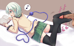 black_legwear blush book censored eyeball feet footjob footjob_with_legwear green_eyes green_hair happy heart iberiko_(soinesitai) koishi_komeiji legwear lying musical_note no_hat no_headwear on_stomach panties penis reading skirt smile thighhighs touhou