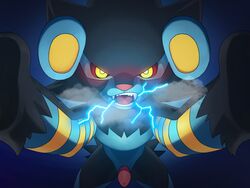 1boy 2018 animal_genitalia belly big_ears black_fur blue_background blue_fur electricity erection fangs feather_(artist) feline feral furry glowing_eyes heavy_breathing jumping lion looking_at_viewer luxray male male_only mammal nintendo no_nipples nude open_mouth paws penis pokémon_(species) pokemon pokemon_(species) pokemon_dppt pov red_sclera solo stripes teeth video_games yellow_eyes yellow_fur